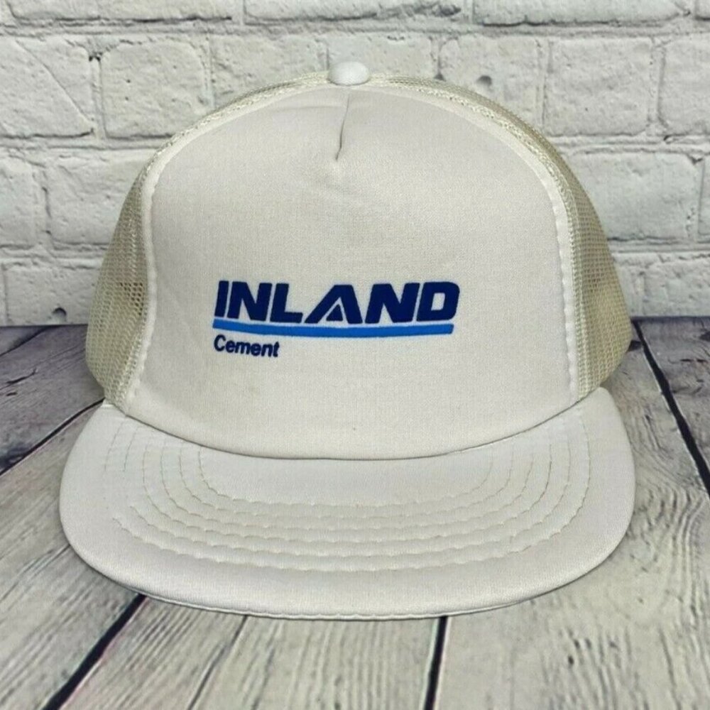 Vintage 80s Hat Cap Snapback White Inland Cement Logo Trucker Mesh Adjustable